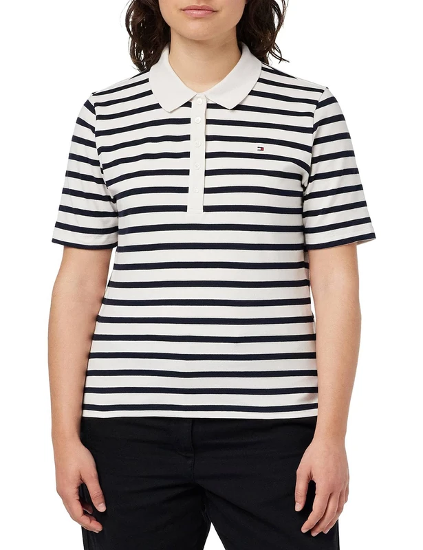 Tommy Hilfiger Women 1985 Piqué Stripe Polo Short-Sleeve Polo Shirt Regular Fit, White (Breton Stripes W White/Desert Sky), XXS