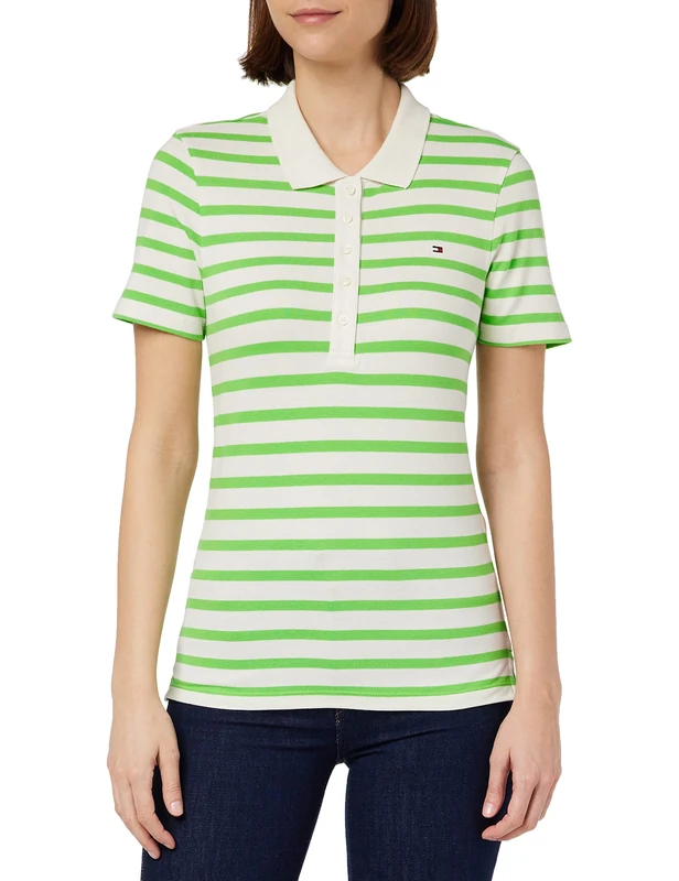 Tommy Hilfiger Women 1985 Slim Piqué Short-Sleeve Polo Shirt Slim Fit, White (Breton Stripes W White/Spring Lime), XL
