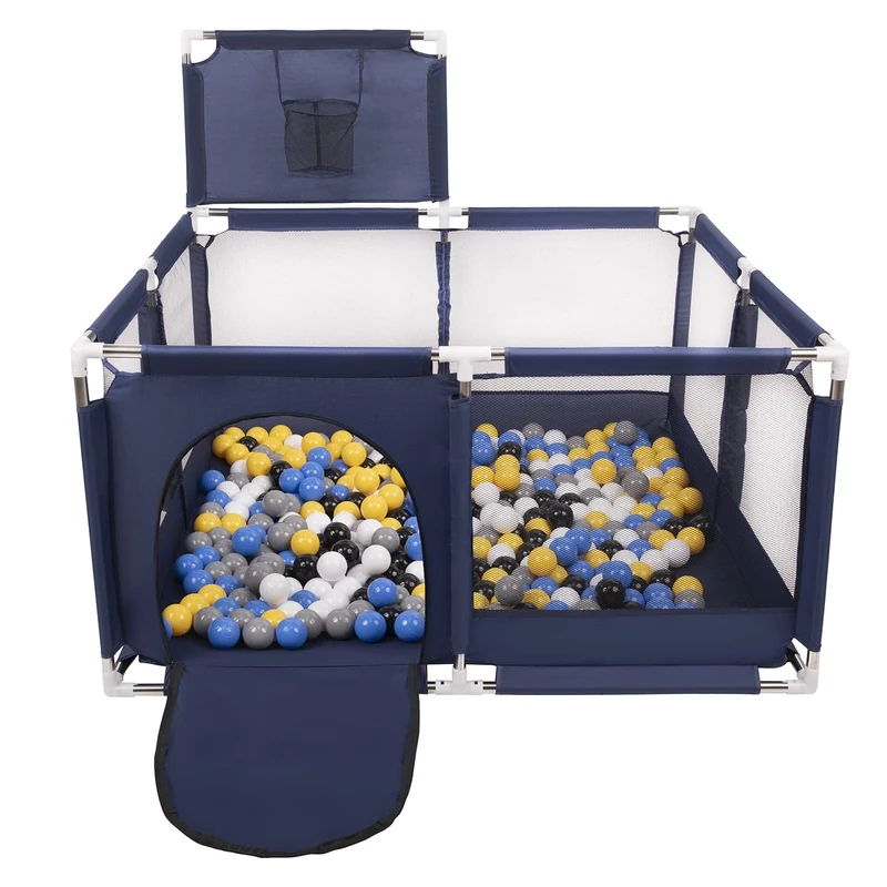 Selonis Square Play Pen Filed with 100 Balls Basketball, Blue:Black/White/Grey/Blue/Yellow