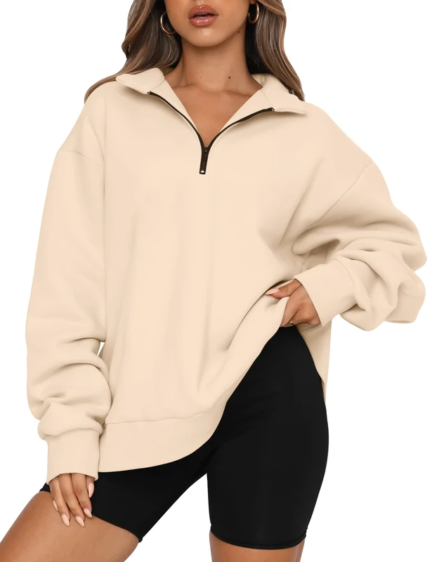 Trendy Queen Womens Oversized Half Zip Pullover Long Sleeve Sweatshirt Quarter Zip Hoodie Sweater Teen Girls Fall Y2K Clothes, Apricot, S
