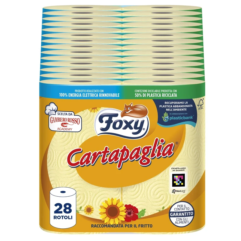 Foxy Cartapaglia | Dryer 28 Rolls | 2 ply high Thickness Super Absorbent Swirls | FSC Certified | 100% Recyclable Packaging Made with Recycled Plastic