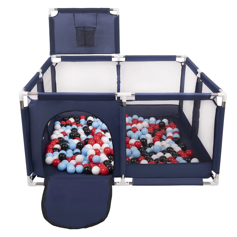 Selonis Square Play Pen Filed with 100 Balls Basketball, Blue:Black/White/Red/Babyblue