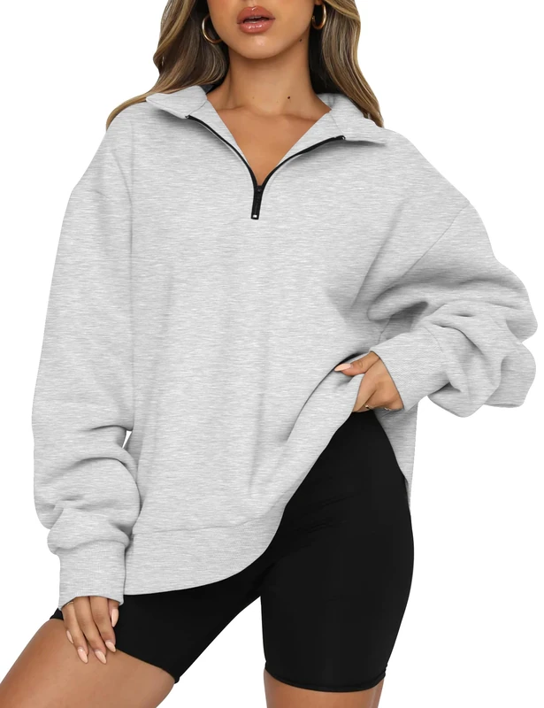 Trendy Queen Womens Oversized Half Zip Pullover Long Sleeve Sweatshirt Quarter Zip Hoodie Sweater Teen Girls Fall Y2K Clothes, Grey, XL - Image 1