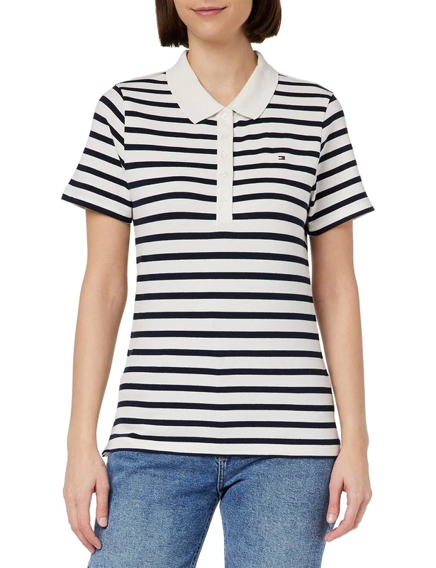 Tommy Hilfiger Women 1985 Slim Piqué Short-Sleeve Polo Shirt Slim Fit, White (Breton Stripes W White/Desert Sky), L