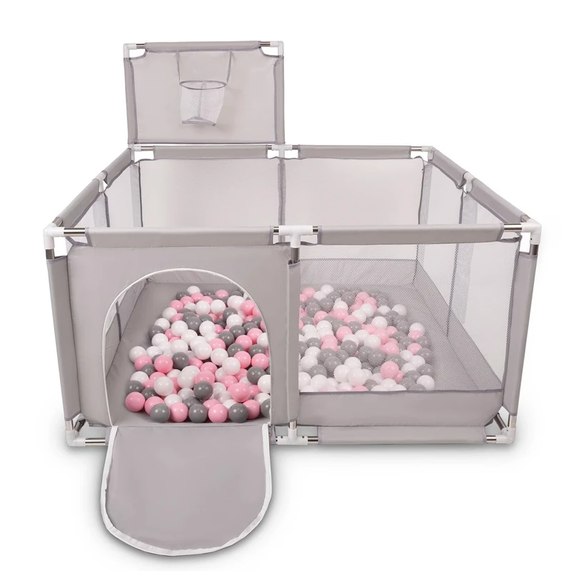 Selonis Square Play Pen Filed with 100 Balls Basketball, Grey:White/Grey/Powder Pink