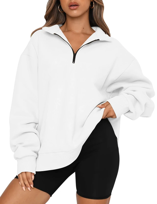 Trendy Queen Womens Oversized Half Zip Pullover Long Sleeve Sweatshirt Quarter Zip Hoodie Sweater Teen Girls Fall Y2K Clothes, White, XL