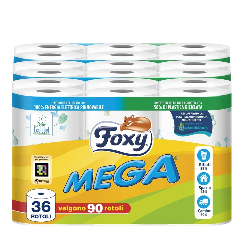 Foxy Mega | Toilet Paper 36 Rolls | 480 Tears | Decorated | 100% Renewable Electricity | Recycled Plastic Packaging