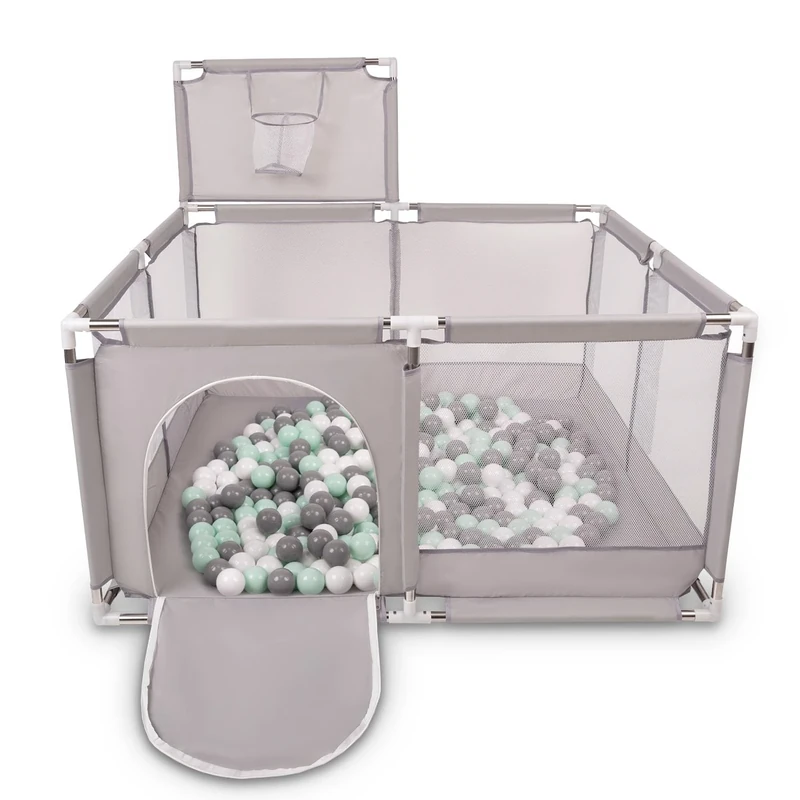 Selonis Square Play Pen Filed with 100 Balls Basketball, Grey:White/Grey/Mint