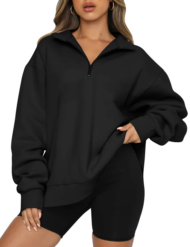 Trendy Queen Womens Oversized Sweatshirts Fall Fashion Hoodies Half Zip Pullover Long Sleeve Shirts Clothes Outfits, Black, XL