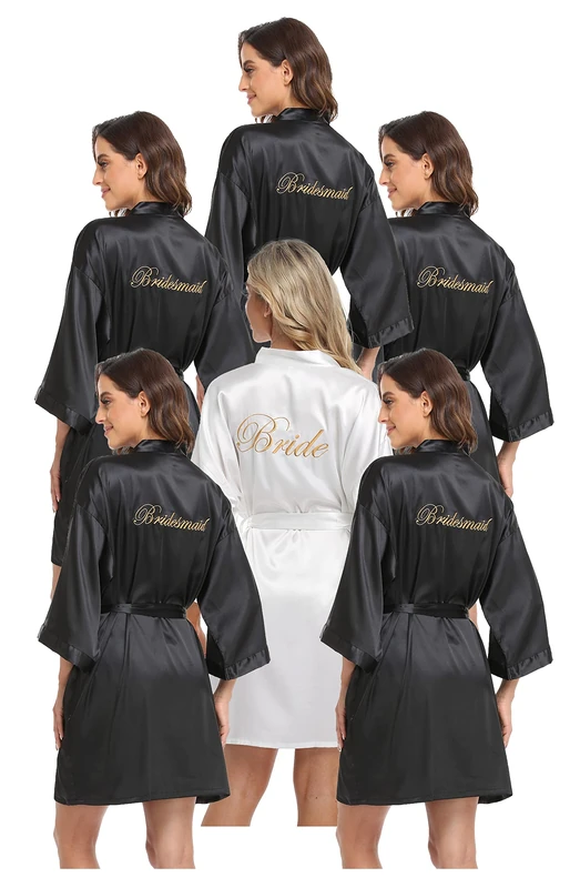 PENGEE 6 Pieces Women's Kimono Short Robe Wedding Party Bride & Bridesmaids Sets Bridal Shower Getting Ready Robes, Black & White, One Size