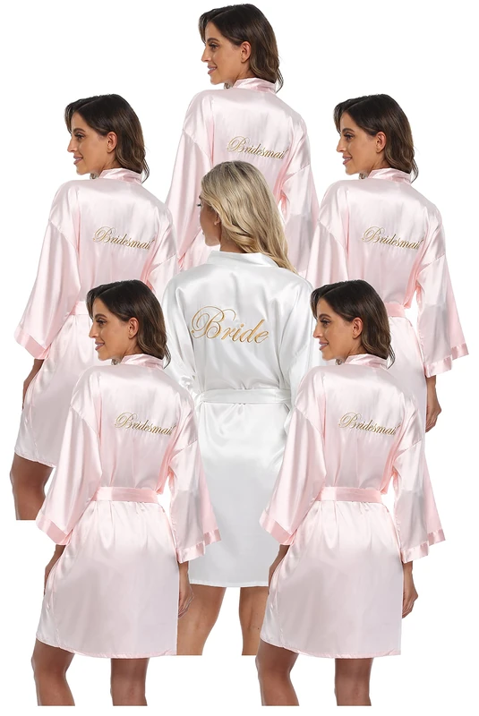 PENGEE 6 Pieces Women's Kimono Short Robe Wedding Party Bride & Bridesmaids Sets Bridal Shower Getting Ready Robes, Pink & White, One Size