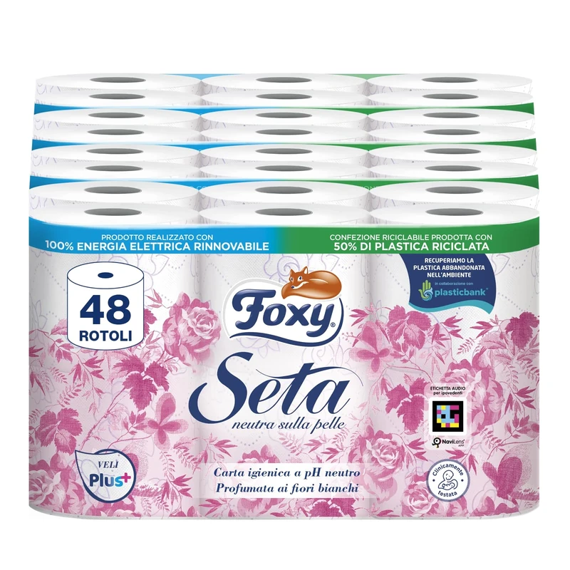 Foxy Silk | Toilet paper 48 rolls| 200 tears per roll| 2 ply high thickness | FSC certified |100% renewable electricity| Recyclable packaging made with recycled plastic