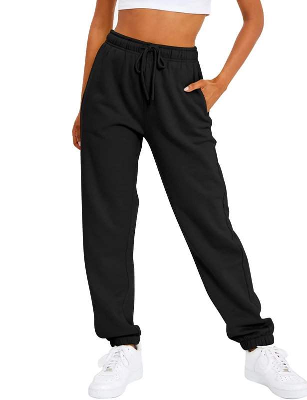 AUTOMET Women's Casual Baggy Fleece Sweatpants, Black, Large