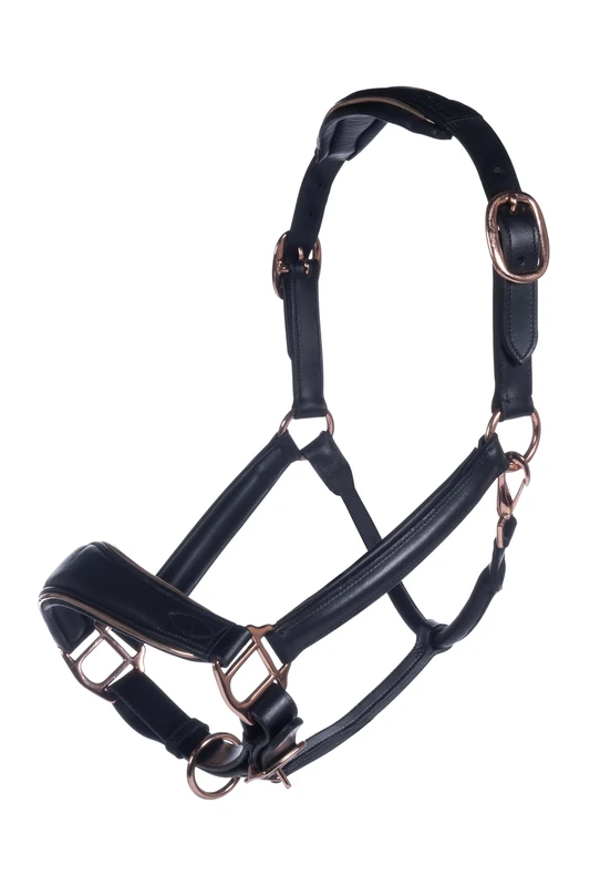 HKM Rosegold Leather head collar Black Pony