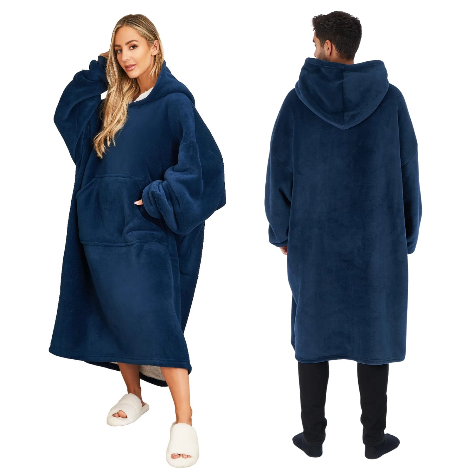 Sienna Extra Long Oversized Blanket Hoodie Wearable Throw with Pockets Sleeves Soft Sherpa Fleece Wearable Throw Giant Sweatshirt, Navy Blue