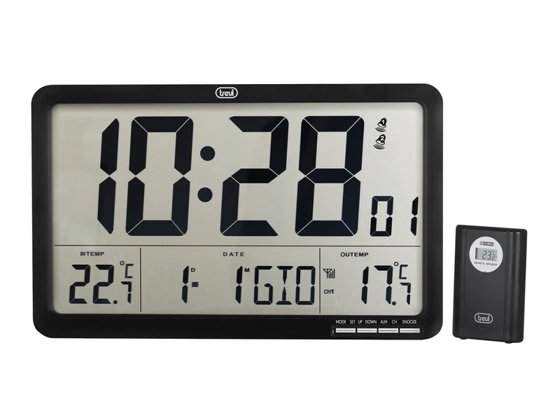 Trevi OM 3560 RC Radio Controlled Digital Wall Clock with External Sensor, Programmable Alarm Clock, Calendar, Thermometer