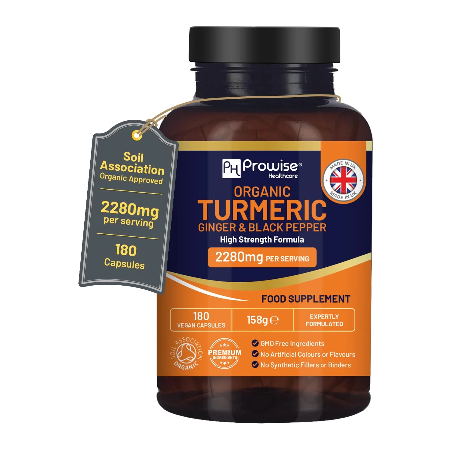 Organic Turmeric 2280mg (High Strength) with Black Pepper & Ginger - 180 Vegan Turmeric Capsules with Active Ingredient Curcumin I Soil Association Approved I UK Made by Prowise Healthcare
