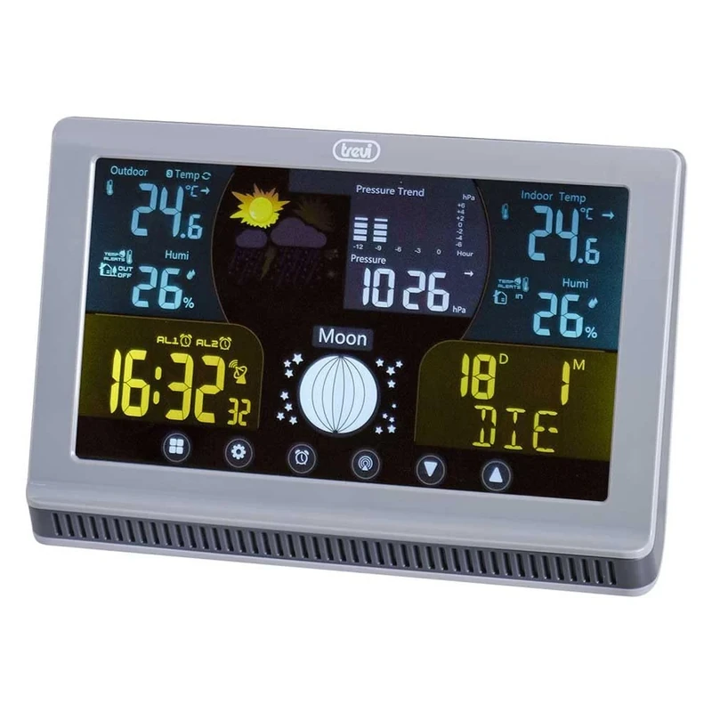 Trevi ME 3P70 RC Weather Station with External Sensor and Touch Controls, Thermometer, Humidity and Moon Phase Indications, Programmable Alarms with Snooze Function, Multilingual Calendar