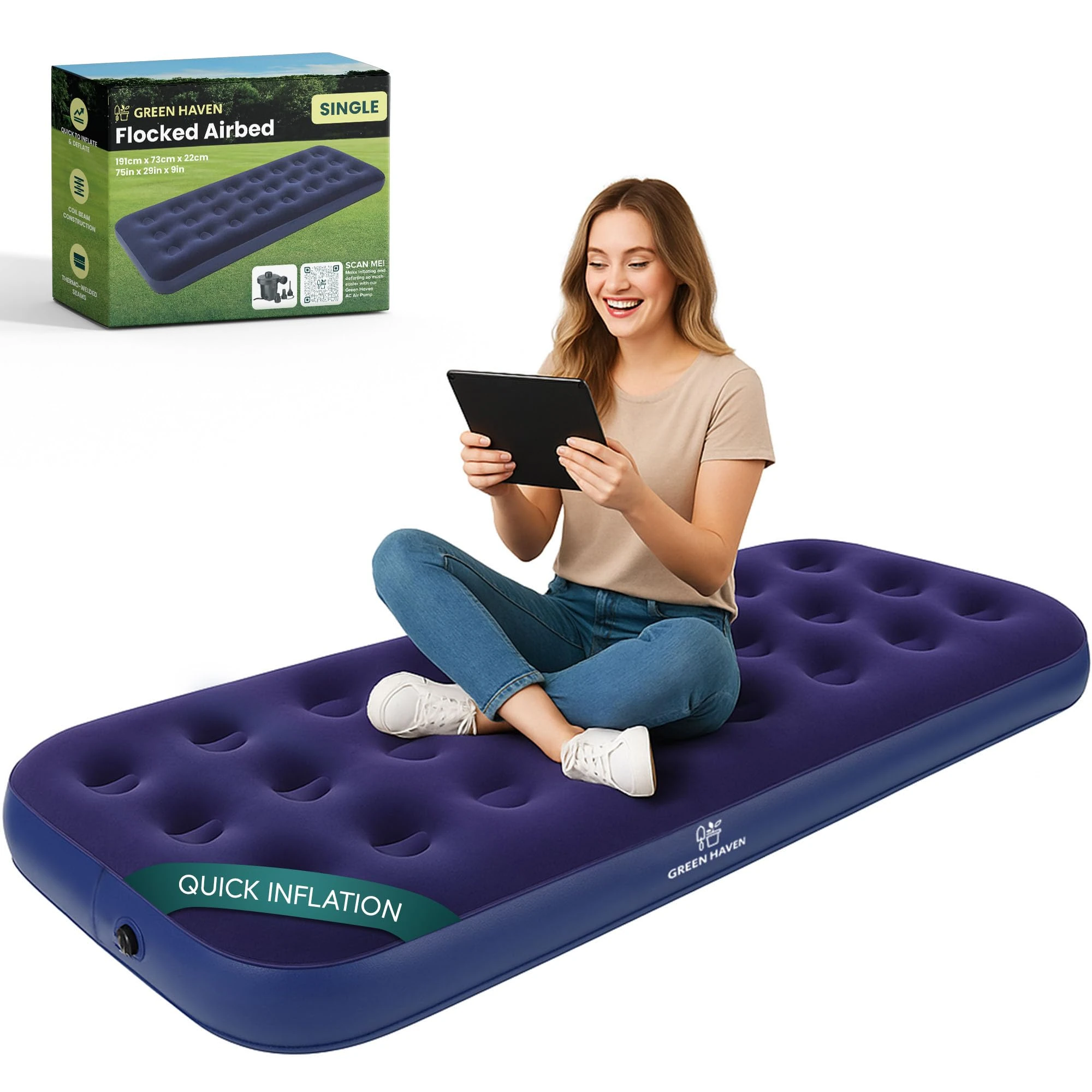 Green Haven Single Flocked Airbed – Lightweight Inflatable Camping Mattress with Waterproof Flocked Top – Portable Single Air Bed for Adults & Kids – Ideal for Festivals, Camping & Guest Use