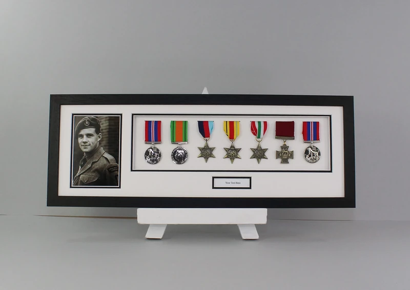 Personalised Military and Service Medal display Frame for Seven Medals and a 6x4" Photograph. 20x60cm. (White, Double-Soft Wh+Blk Mount)