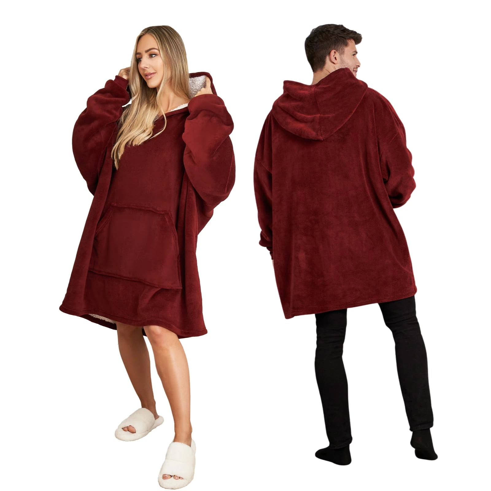 Sienna Hoodie Blanket Oversized Ultra Soft Plush Sherpa Fleece Wearable Throw Blanket Cosy Giant Warm Sweatshirt - Burgundy