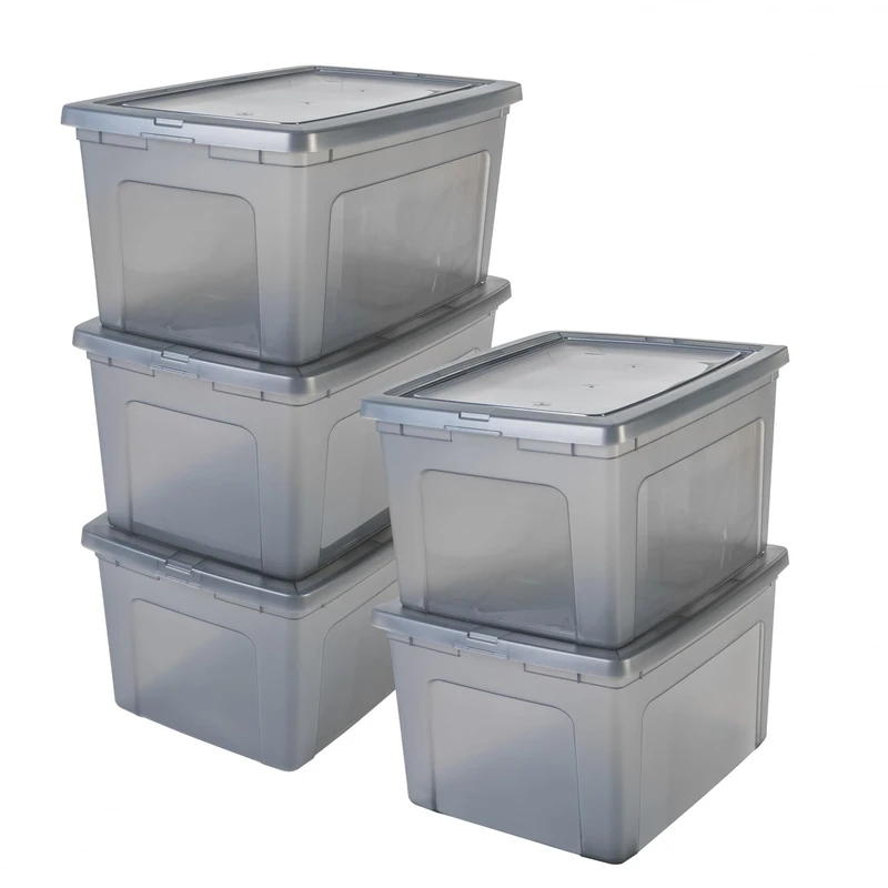 Iris Ohyama Versatile Storage Boxes, 2L, Set of 5, Grey, Easy Latch, Stackable, Transparent Plastic, For Closet, Shelves, Classroom, Organisation, Toys, Art Supplies, Shoes, MCB-50