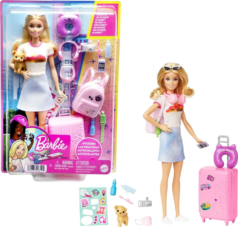Barbie Doll & Accessories, Travel Set with Puppy and 10+ Pieces, Suitcase Opens & Closes, Barbie 'Malibu' with Blonde Hair, HJY18