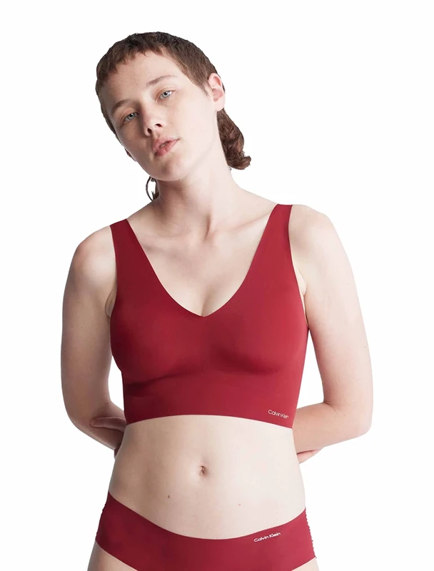 Calvin Klein Women's Invisibles Comfort Seamless Lightly Lined V Neck Bralette Bra, Red Carpet, S