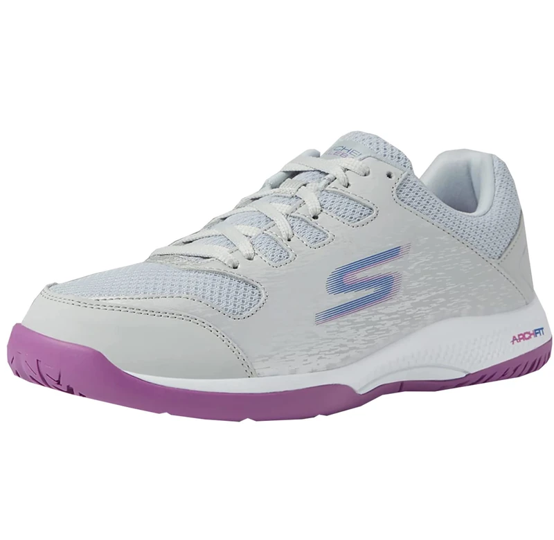 Skechers Women's Viper Court Pickleball Trainers, Grey Synthetic Mesh Purple Trim, 2 UK