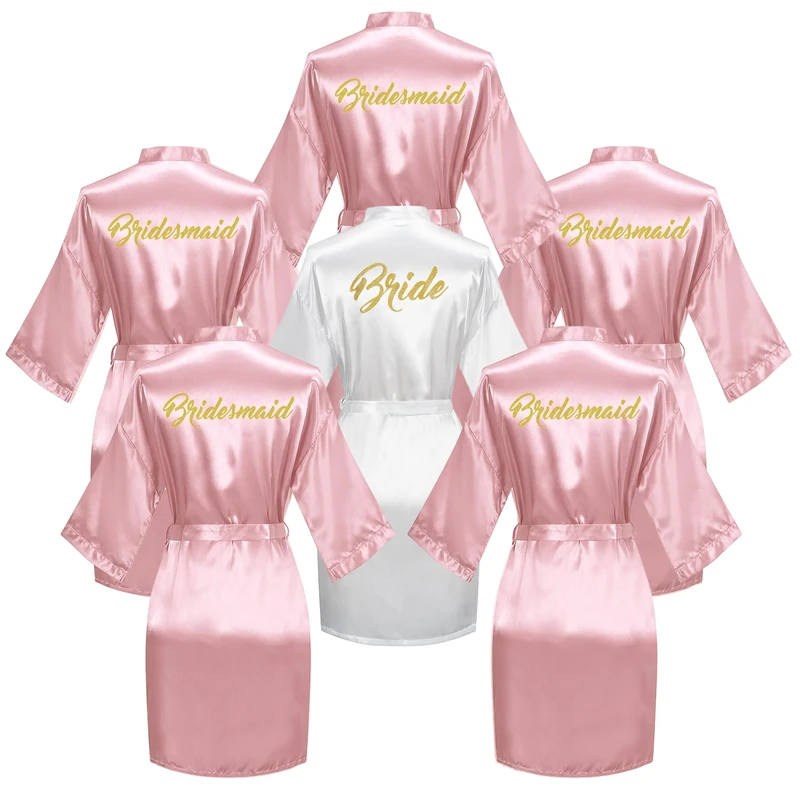 Giova 6 Pieces Bridal Shower Bathrobe Set For Bride and Bridesmaid Silky Robe Set Getting Ready Dressing Gown, Pink Set, One Size
