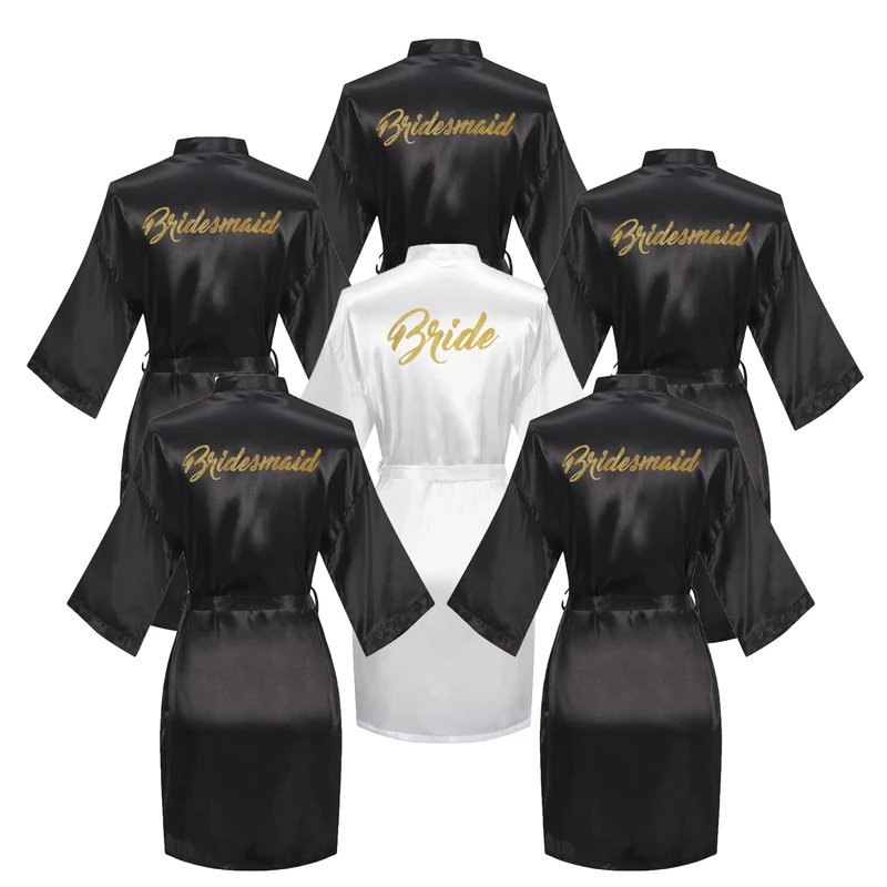Giova 6 Pieces Bridal Shower Bathrobe Set For Bride and Bridesmaid Silky Robe Set Getting Ready Dressing Gown, Black Set, One Size