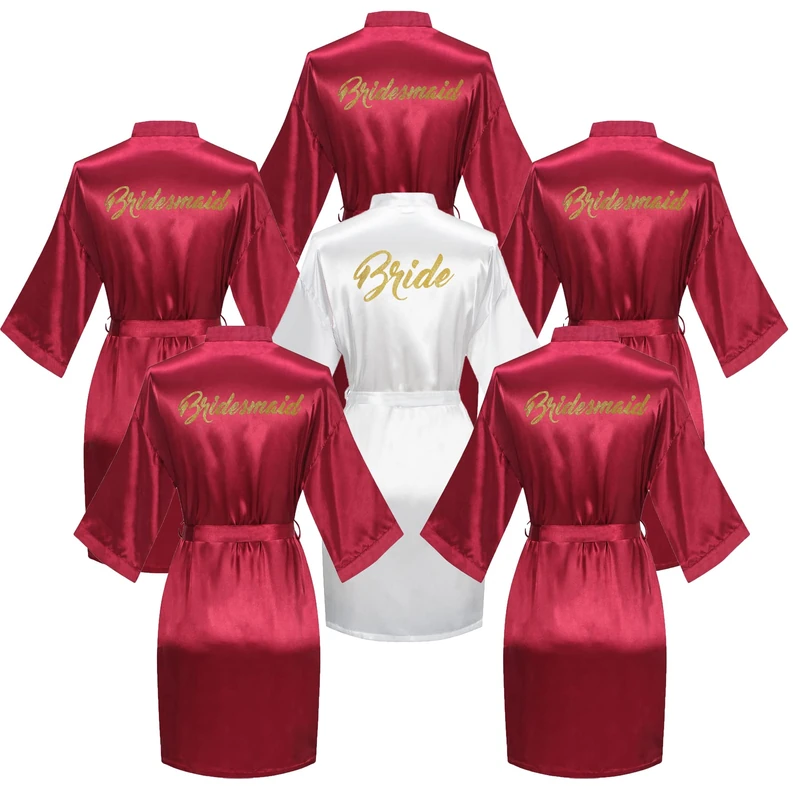 6 Pieces Bridal Shower Bathrobe Set For Bride and Bridesmaid Silky Robe Set Getting Ready Dressing Gown, Burgundy Red Set, One Size