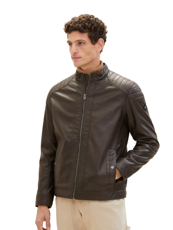 TOM TAILOR Men's 1026337 Faux leather biker jacket, 31523 - Espresso Brown Fake Leather, 3XL