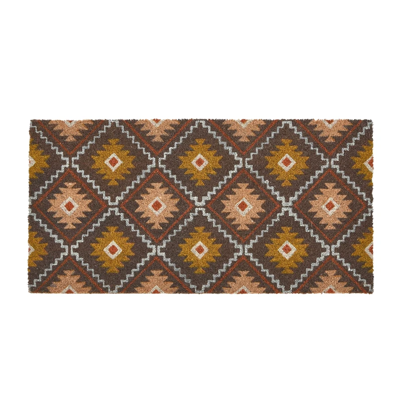 Main + Mesa Natural Coir Doormat with Aztec Print, Multicolor
