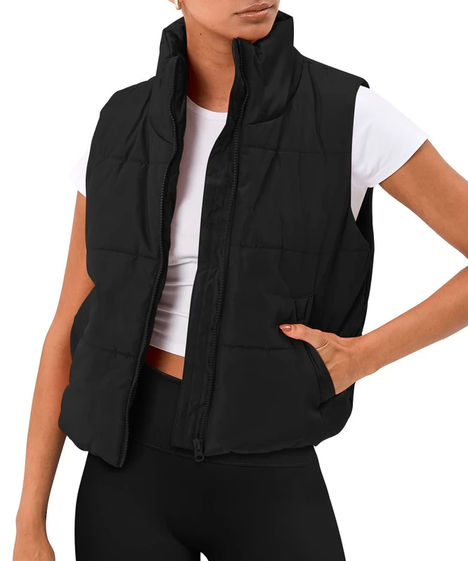 AUTOMET Puffer Vest Women Sleeveless Winter Cropped Outerwear Warm Puffer Lightweight Stand-up Collar Down with Pockets, Black, L