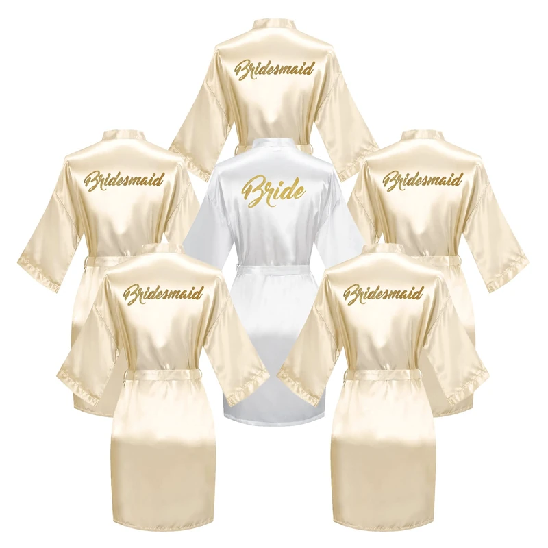 Giova 6 Pieces Bridal Shower Bathrobe Set For Bride and Bridesmaid Silky Robe Set Getting Ready Dressing Gown, Champagne Set, One Size