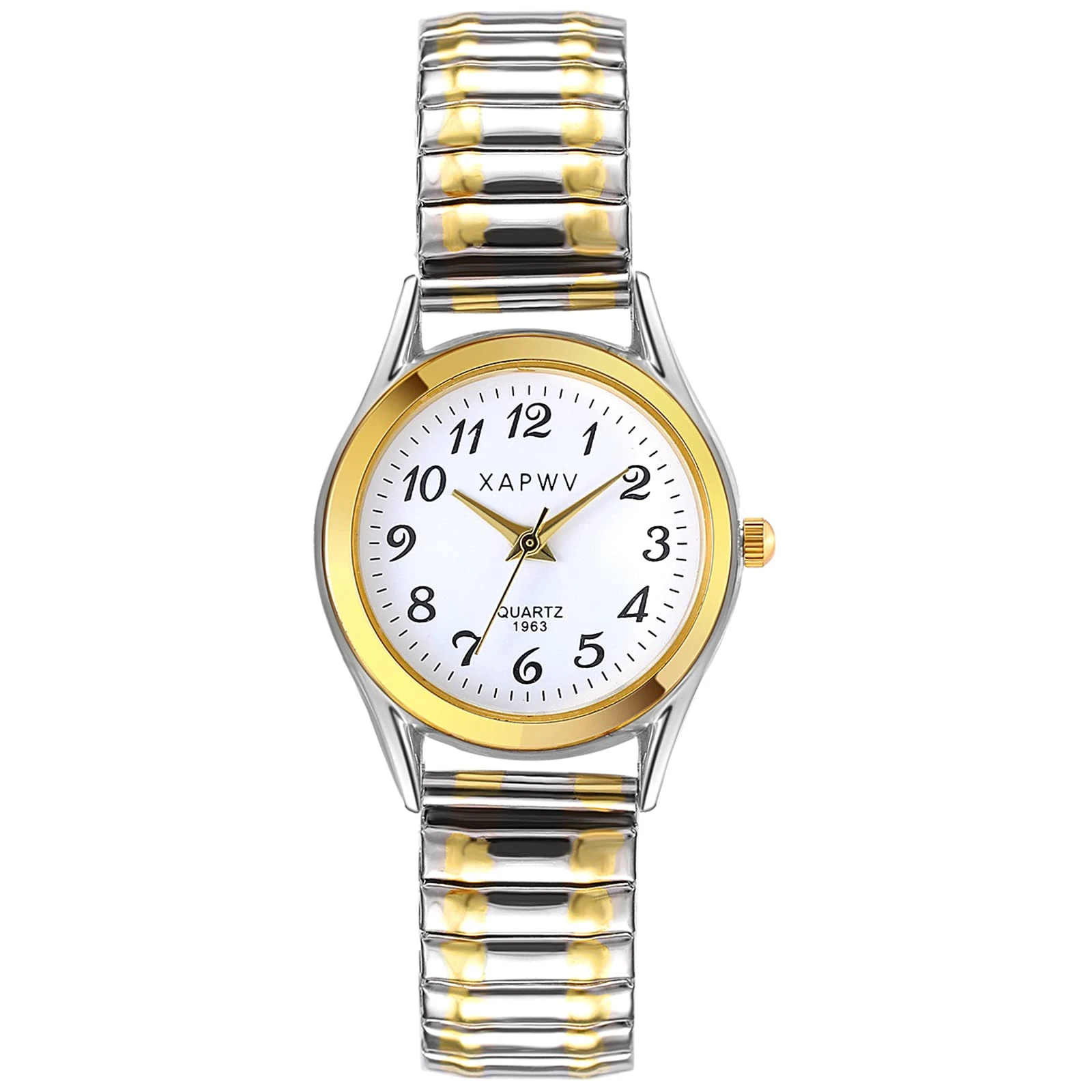 JewelryWe Women's Ultra Thin Easy Reader Watch with Elastic Strap Golden/Silver Tone Stretch Band Watches, gold-silver strap white dial - 6.3", (6.3in - 7.87in), dress