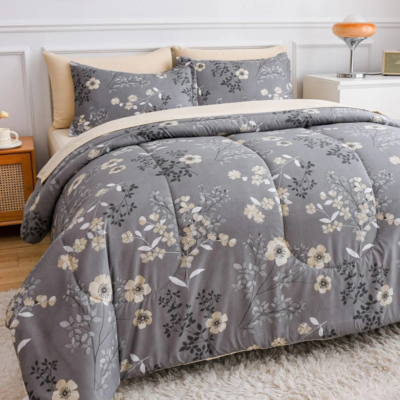AIKASY Grey King Bed in a Bag 7-Pieces, Comforter Set with Sheets,Tree Branches and Flowers Printing Design,Ultra Soft Down Alternative All Season Bedding Set(King, Grey)