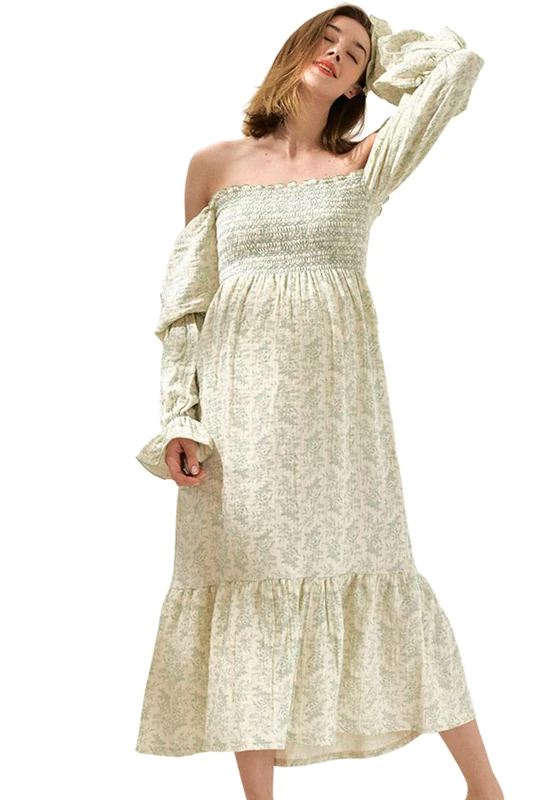 Nothing FITS BUT Women’s Soft Cotton Muslin Dress, Everyday Stretchable Haru Maternity Gown, Off-Shoulder Mom to Be Frock, as1, Alpha, m, Regular, Peppermint, M