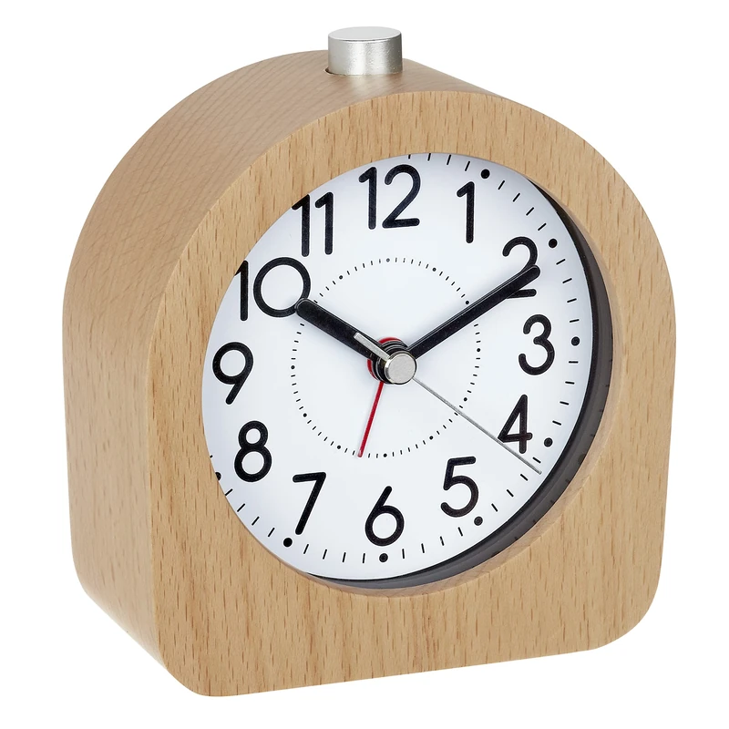 TFA Dostmann Analogue Alarm Clock, Beech, 60.1038.05, Silent Movement, Backlight, Wake Up Alarm, Brown, 108 x 44 x 101 mm