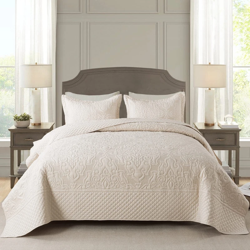 NEWLAKE Quilt Bedspread Set, Beige Jacquard Embossed Floral Pattern Reversible Embroidered Microfiber Coverlet Sets, Queen Size