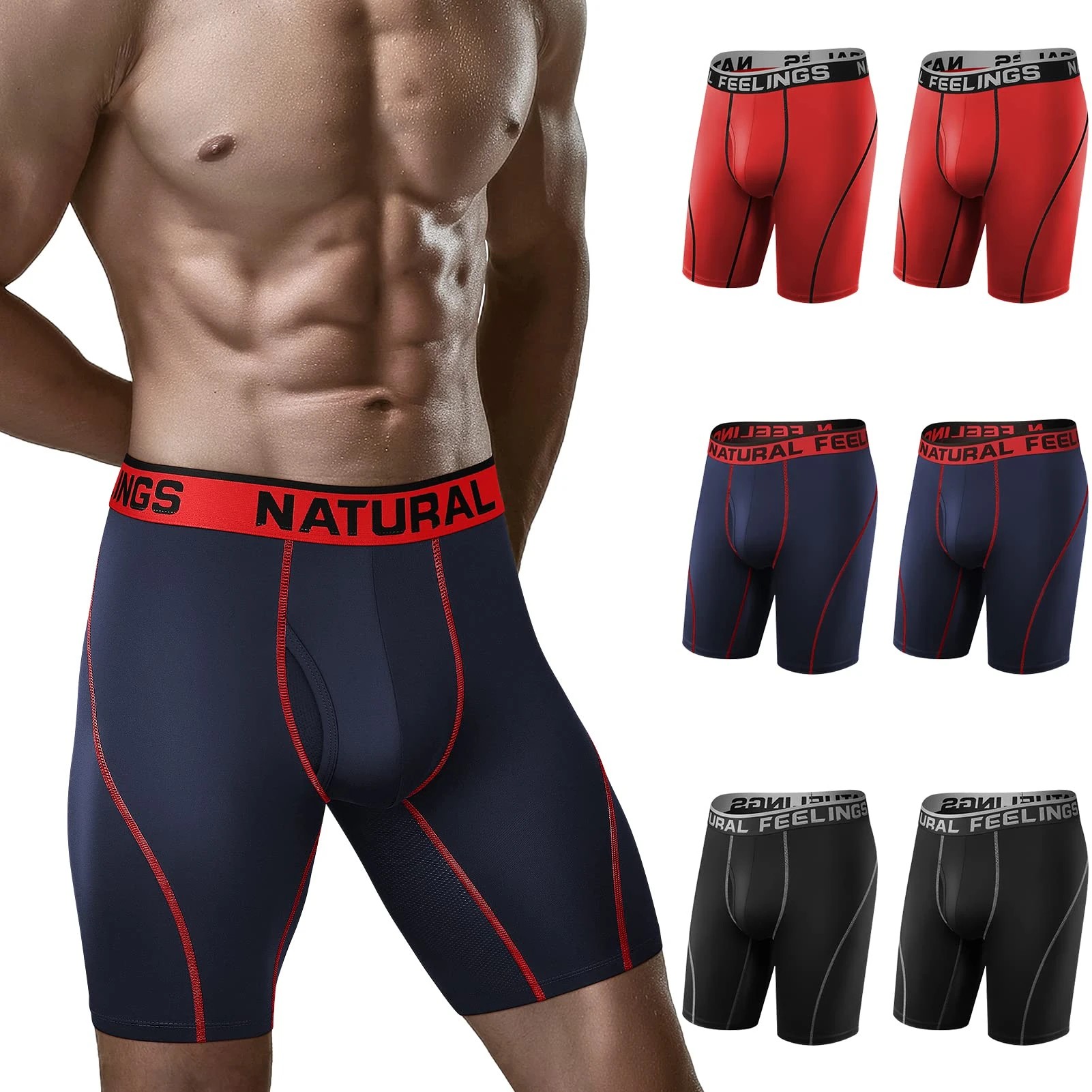 Natural Feelings Mens Long Leg Boxers for Men Sports Underwear Men Boxer Short 6 Pack S