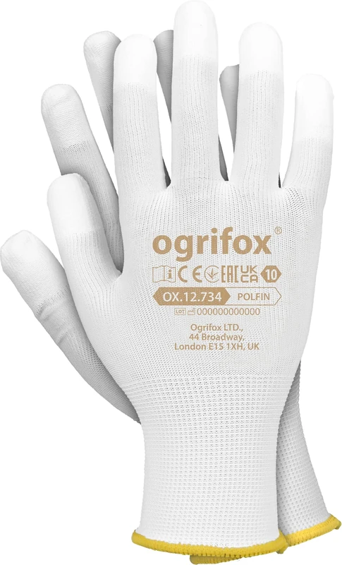 Ogrifox OX-POLFIN Polyester Gloves with Polyurethane Coating on Fingertips, Protective Gloves, Work Gloves, Gardening Gloves OX.12.734, White, Size 8, 240 pairs
