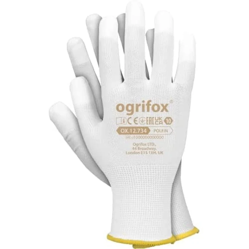 Ogrifox OX-POLFIN Polyester Gloves with Polyurethane Coating on Fingertips, Protective Gloves, Work Gloves, Gardening Gloves OX.12.734, White, Size 10, 240 pairs