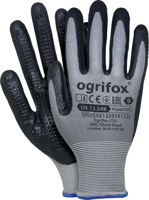 Ogrifox OX-PUNKTER Polyester Gloves Coated with Nitrile, Protective Gloves, Work Gloves, Gardening Gloves OX.13.348, Grey-Black, Size 8, 120 pairs