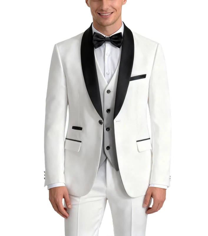 Mens 3 Piece Suit Slim Fit Dress Tux Suits for Men Solid Color Wedding Classic Tuxedo Set, White, M - Image 1