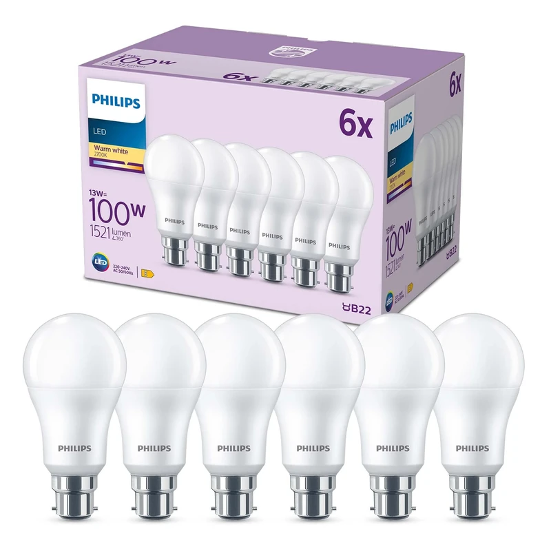 Philips LED Frosted A60 Light Bulb 6 Pack [Warm White 2700K - B22 Bayonet Cap] 100W, Non Dimmable. for Home Indoor Lighting, Value Range