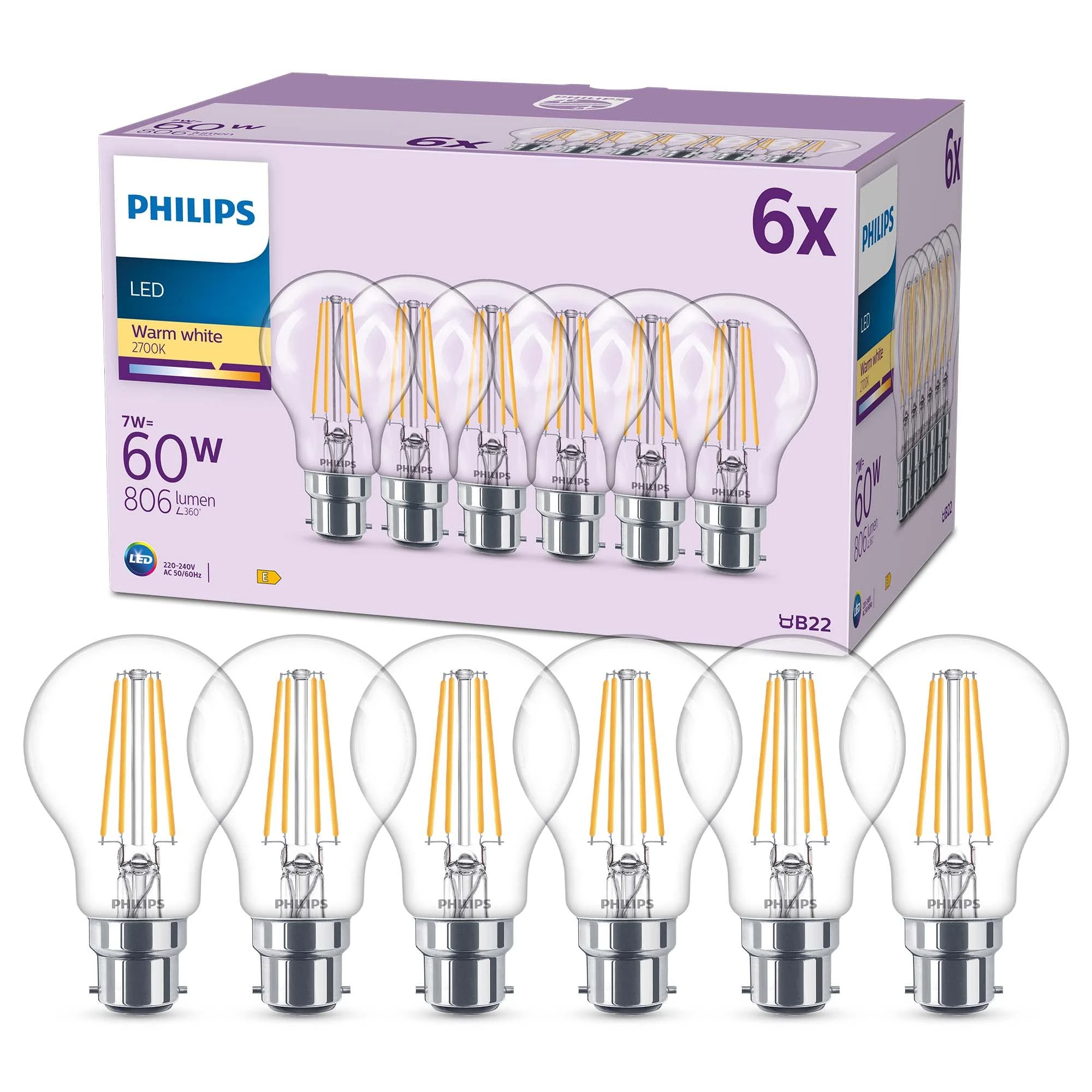 Philips LED Classic A60 Light Bulb 6 Pack [Warm White 2700K - B22 Bayonet Cap] 60W, Non Dimmable, For Home Indoor Lighting