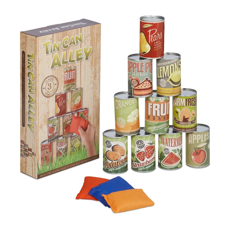 Relaxdays Can Alley, for Kids, Garden Toss Game, 10 Tins & 3 Bean Bags, for Birthday Parties, Multicoloured, Iron, 10.5 x 6.5 cm