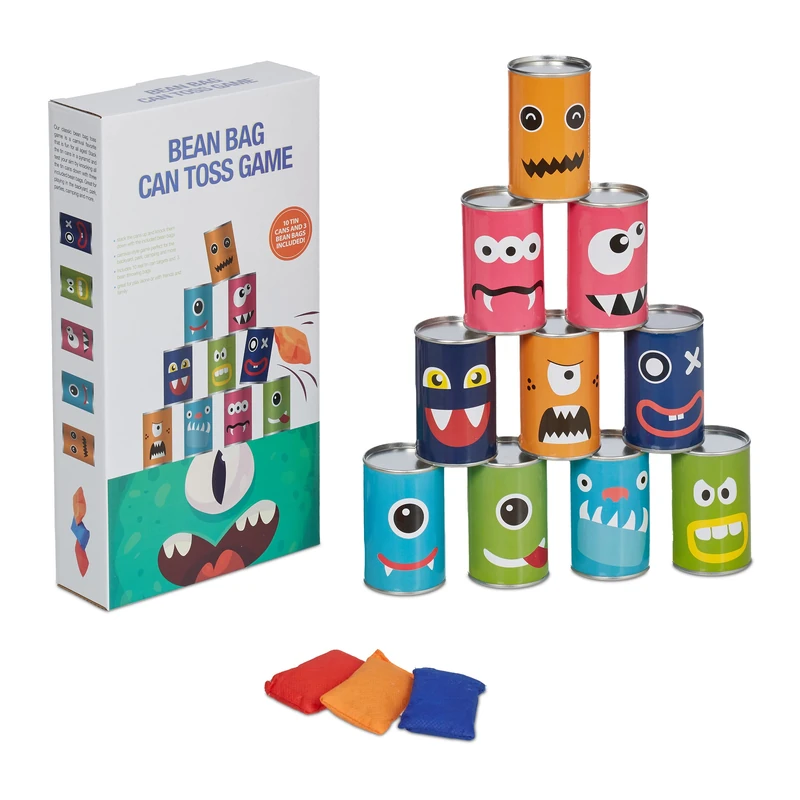 Relaxdays Monster Tin Can Alley Game - 10 Cans & 3 Bean Bags